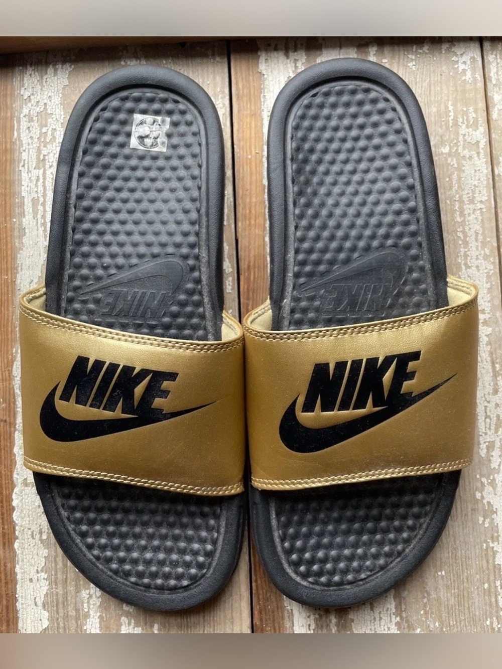 Nike Gold and Black Slide Sandals